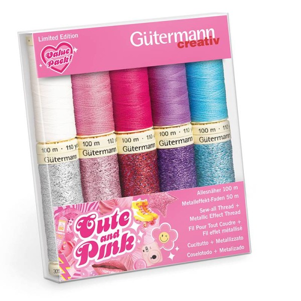 Gütermann Cute & Pink Set 5x Allesnäher + 5x Metalleffekt-Faden