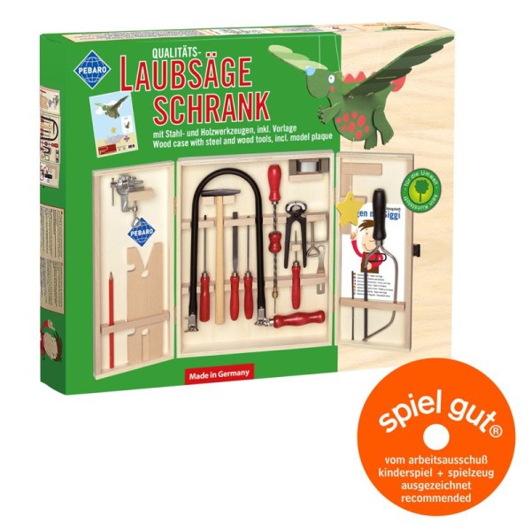 Qualitäts-Laubsägeschrank mit Stahl- und Holzwerkzeugen, incl. Vorlage, bastelkiste.lu