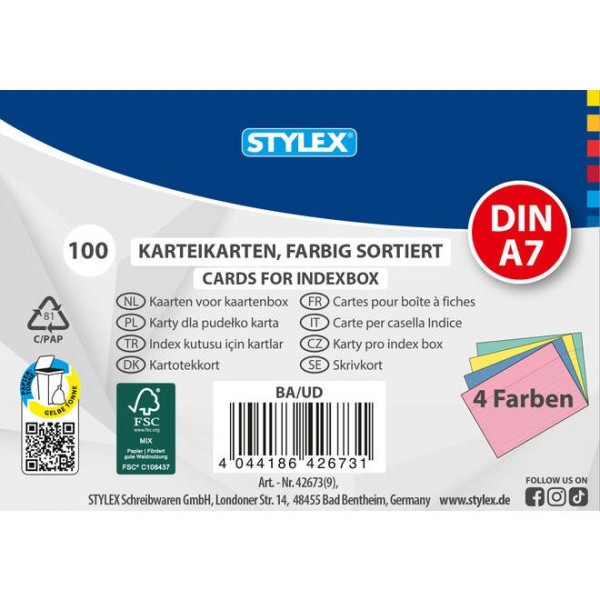 Karteikarten DIN A7, 100 Stück, 4 Farben