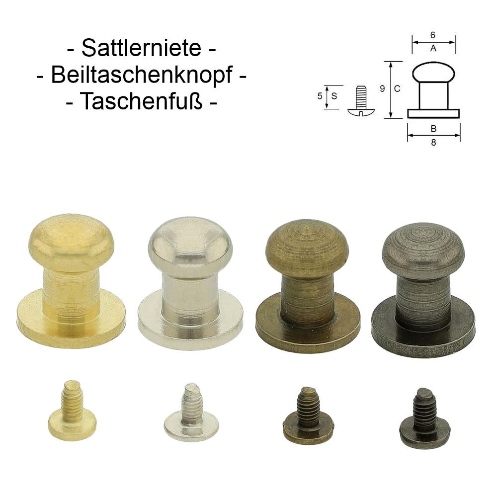 Sattlerniete, Taschenfüsse, Beiltaschenknopf 8 x 9 mm, bastelkiste.lu