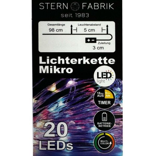 INDOOR Mikro LED 20er Lichterkette, BUNT Multicolor für 2x 1,5V AA